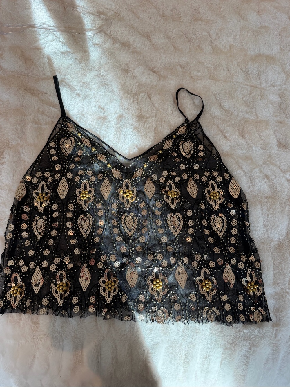 Cropped Black Sequin Lace Camisole with Gold Accent